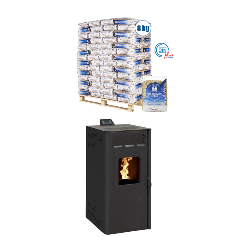 Poêle à Granulé Stovia Lucia 9 KW – Pellets De Bois – Granules 126 Sacs De 8kg – Noir